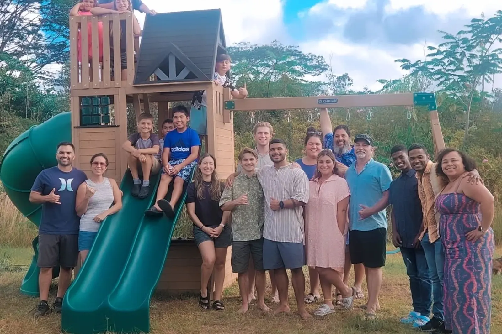 Members of Berean Freedom Fellowship, adults and children, gathered outdoors in Puna